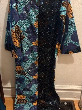 Blue & Gold Patterned Women's Dress with Black Beaded Panel